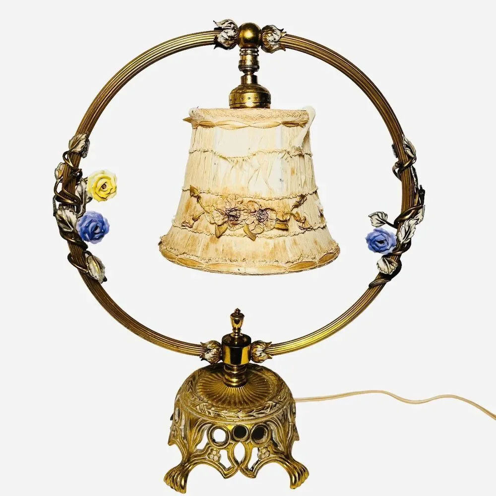 Vintage French Ormolu Porcelain‎ Flowers Tole Toleware Boudoir Gold Circle Lamp